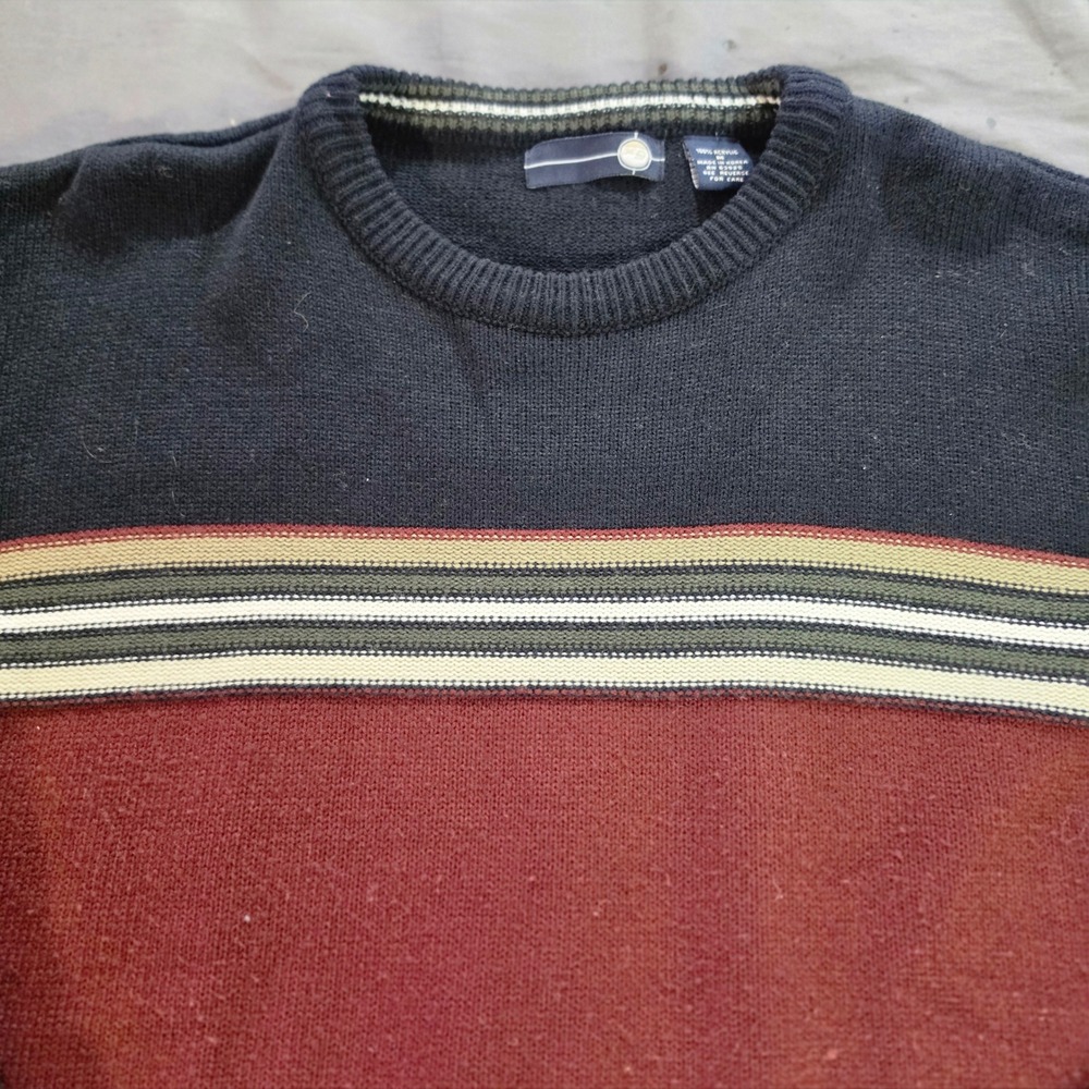 SEG Mens Vintage Colorblock Striped Crewneck Sweater Navy Burgundy RN 63925 - Picture 2 of 10